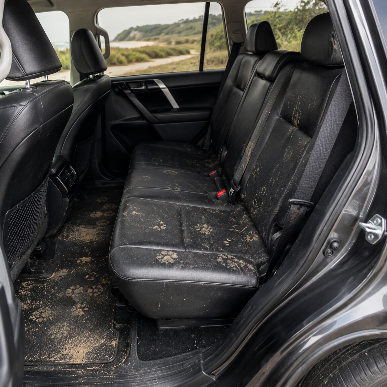 Back seat before the cover — fur, sand and muddy paw prints